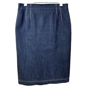 Byron Lars Navy Blue Denim Cotton Blend A-Line Pleated Back Midi Skirt Sz 8